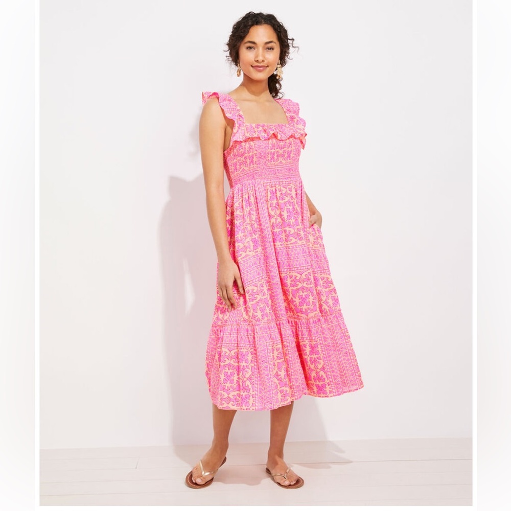 Vineyard Vines Neon Tortola Tile Smocked Midi Dress Size Small